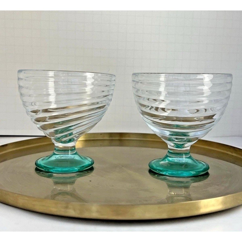 Dessert Cups Ribbed Footed Aqua Stem Sherbet Glasses Vintage Glassware Set of 2